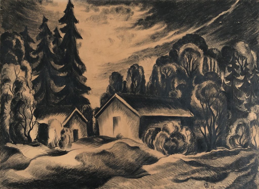 Landschaft mit Häusern Kohlezeichnung 1935