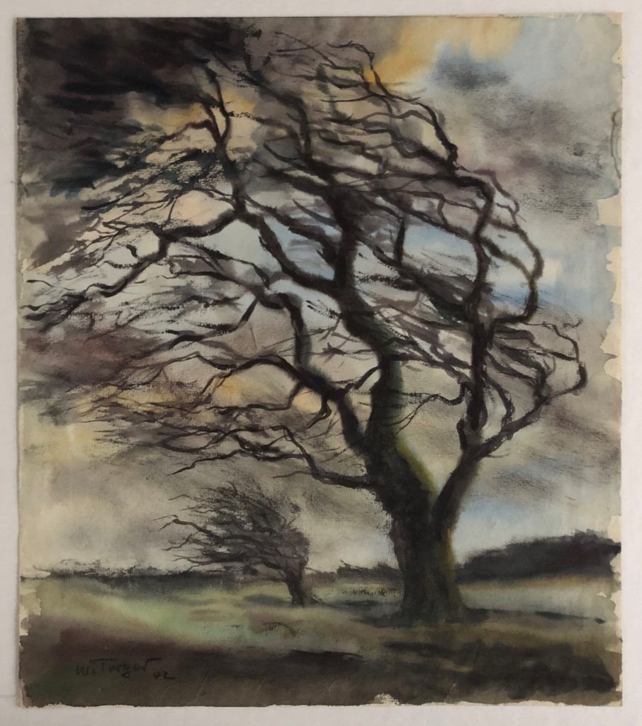 Großer Baum im Sturm. Aquarell 1942