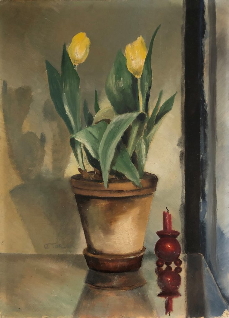 Gelbe Tulpen mit Leuchter Ölgemälde 1944