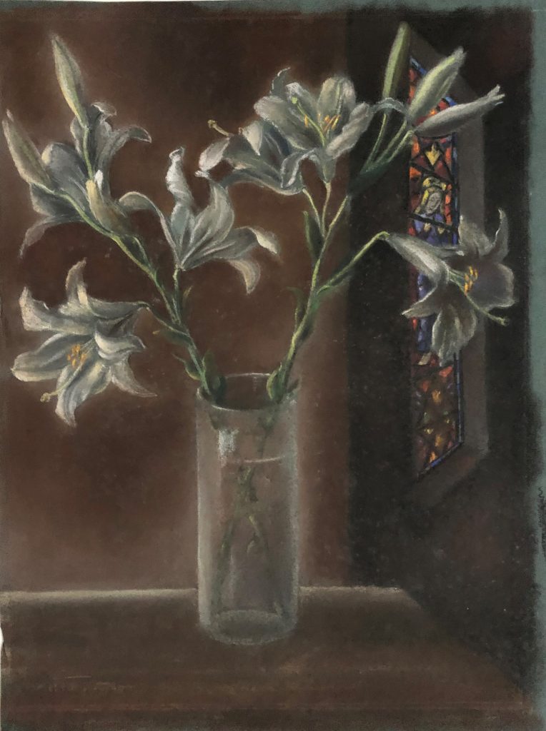 Hainspitz Lilien mit farbigem Fenster Pastell 1946