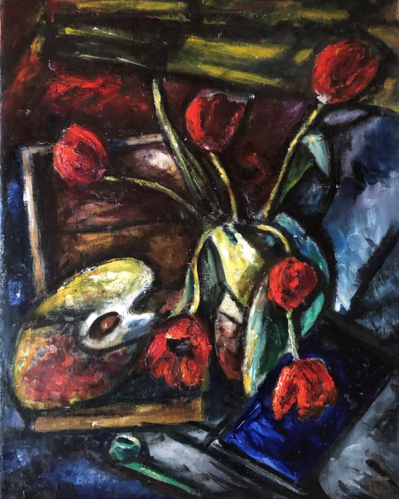 Rote Tulpen und Palette. Öl 1951